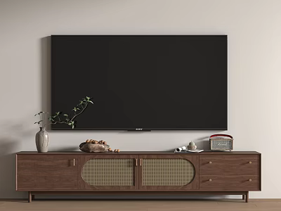 Wooden TV Stand With Drawers Cabinets Large Screen TV Vase Plant And Decor 3d model