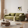 Stylish Green Three Seater Sofa with Pillows Blanket and Wall Art in Modern Living Room