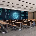Modern Conference Room with Large Digital Screen Displaying Tech Interface Long Tables and Chairs 3d model