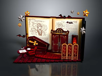 Gothic Open Book Scene With Illustration Coffin Wardrobe Bats Table And Stars 3d model