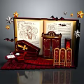Gothic Open Book Scene With Illustration Coffin Wardrobe Bats Table And Stars