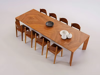 Wooden Rectangular Dining Table Set with Eight Chairs Black Bowl and White Vases 3d model