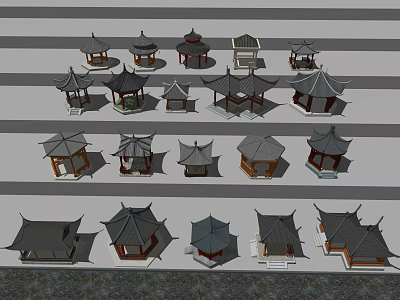 Traditional Chinese Pavilion 3D Models Arranged on Various Levels with Different Designs 3d model