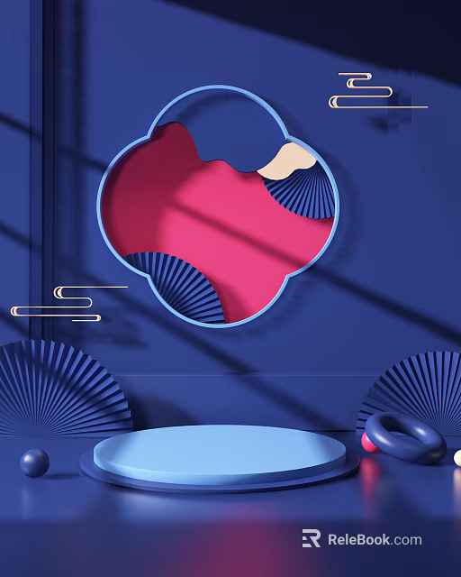 Modern Display Shelves With Blue Background Fan Shaped Decor And Circular Platform 3d model