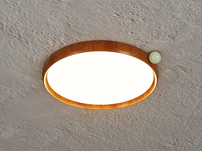 Modern Round Wooden Frame Ceiling Light With White Lampshade On Gray Textured Ceiling 3d model