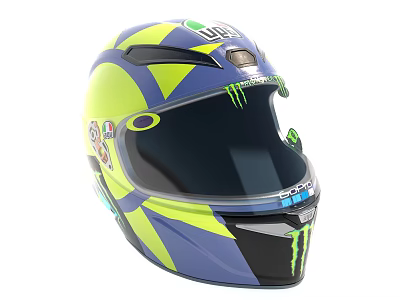 DUCATI Blue Yellow Full Face Motorcycle Helmet With Monster Energy Logo And Sponsor Decals 3d model