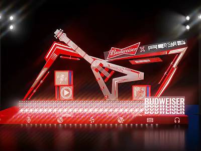 Budweiser Themed Stage Design With Guitar Shaped Decor And Red Illuminated Accents 3d model