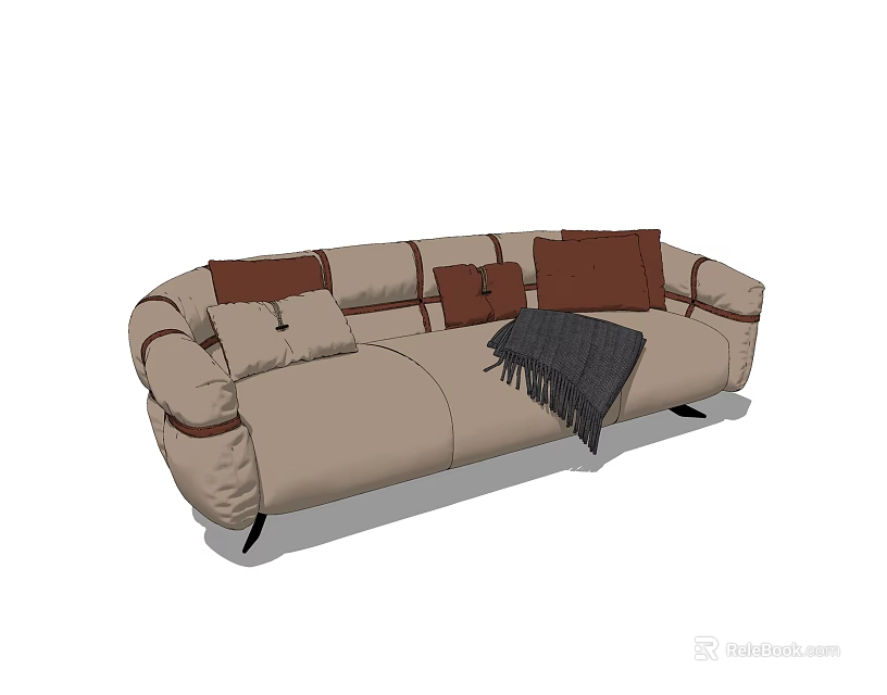 Beige Sectional Sofa With Brown Cushions And Dark Throw Blanket Design 3d model
