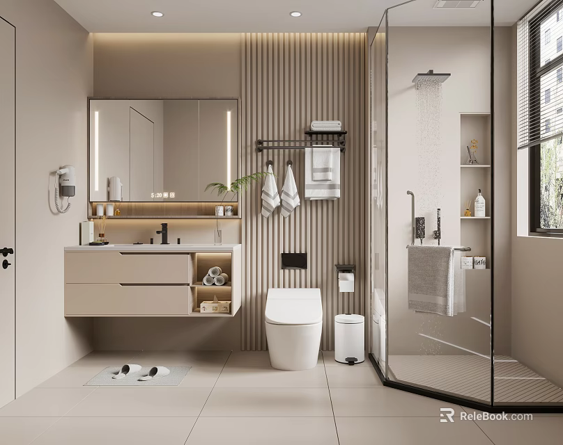 Modern Bathroom Interior With Large Mirror Vanity Toilet Glass Shower And Wooden Walls 3d model 