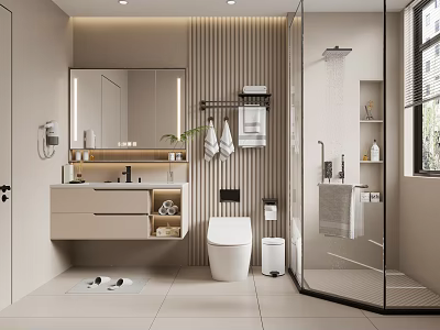 Modern Bathroom Interior With Large Mirror Vanity Toilet Glass Shower And Wooden Walls 3d model