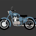 Blue Vintage Motorcycle With Black Seat And White Wall Tires Chrome Details