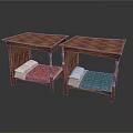 Wooden Nightstands With Checkered Tabletop And Lower Storage Shelf Holding Colorful Blankets