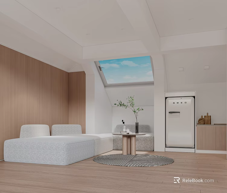 Loft Style Living Space With Light Sofa Skylight Refrigerator And Wood Accents 3d model 