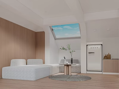 Loft Style Living Space With Light Sofa Skylight Refrigerator And Wood Accents 3d model