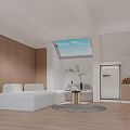 Loft Style Living Space With Light Sofa Skylight Refrigerator And Wood Accents