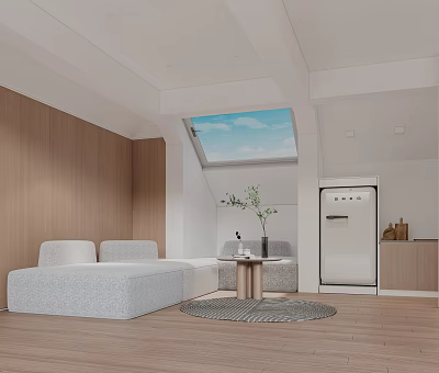 Loft Style Living Space With Light Sofa Skylight Refrigerator And Wood Accents 3d model