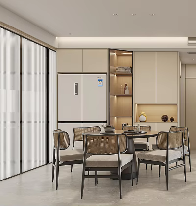 Modern Restaurant Interior Design With Round Dining Table Rattan Chairs White Cabinets Lit Display Shelf 3d model