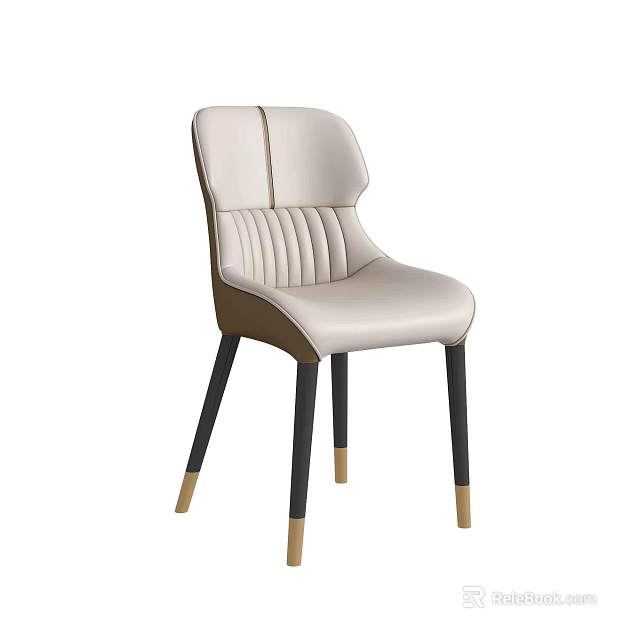 Modern Beige Leather Dining Chair With Striped Backrest Black Legs And Golden Accents 3d model 