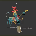 Colorful Rooster Playing Electric Guitar Standing on Cardboard Box on Barbed Wire