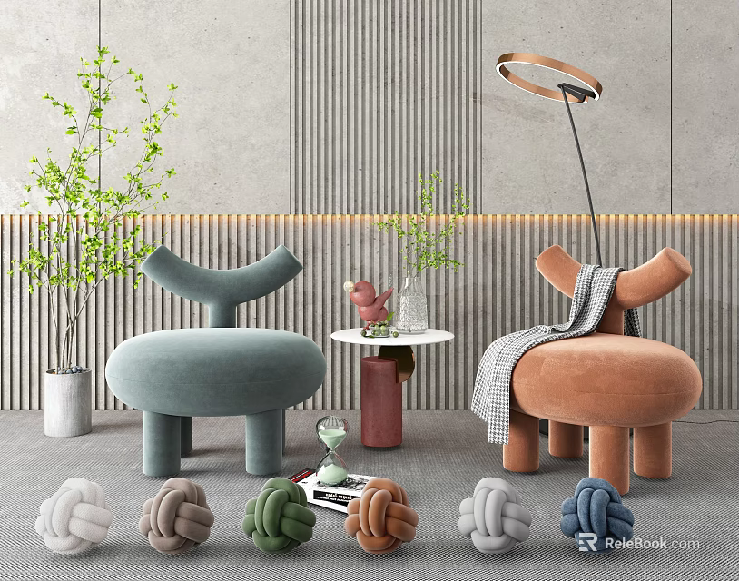 Casual Sofa Set With Unique Curved Design Multiple Colors Potted Plants Side Table And Floor Lamp 3d model 