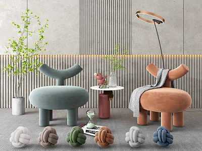 Casual Sofa Set With Unique Curved Design Multiple Colors Potted Plants Side Table And Floor Lamp 3d model
