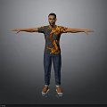 A Man With Arms Outstretched Wearing Flame Patterned T Shirt Blue Jeans And Slippers