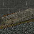 Natural Stone with Rustic Wooden Base on Gray Floor Against Gray Tiled Wall