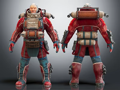 Detailed Sci Fi Character Wearing Red Blue Protective Suit With Backpack Armor Front Back Views 3d model