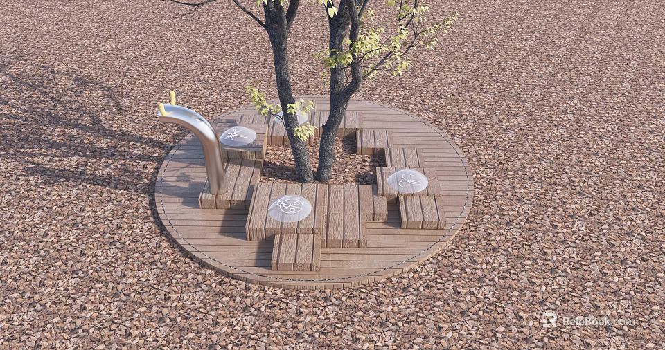 Outdoor Chairs On Circular Wooden Platform With Tree And Gravel Ground 3d model 