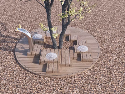 Outdoor Chairs On Circular Wooden Platform With Tree And Gravel Ground 3d model