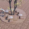 Outdoor Chairs On Circular Wooden Platform With Tree And Gravel Ground