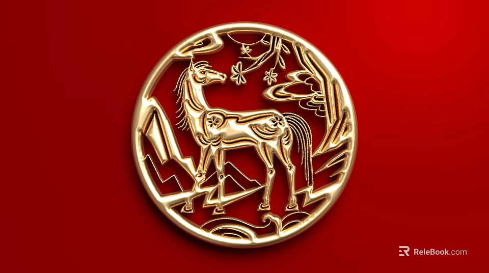 Golden Circular Badge With Intricate Horse Design On Red Background And Decorative Elements 3d model 