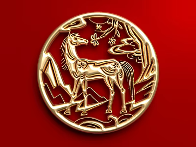 Golden Circular Badge With Intricate Horse Design On Red Background And Decorative Elements 3d model