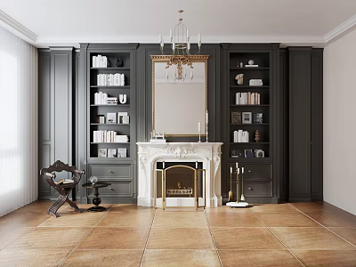 Elegant Dark Gray Bookcase With Fireplace Chandelier Books And Decorations In Living Room 3d model
