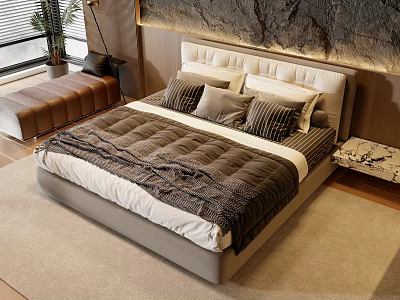 Modern Double Bed Interior With White Headboard Multiple Pillows And Brown White Quilt 3d model