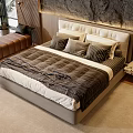 Modern Double Bed Interior With White Headboard Multiple Pillows And Brown White Quilt