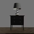 Dark Wood Nightstand With Two Drawers Gold Knobs And White Base Beige Shade Table Lamp 3d model