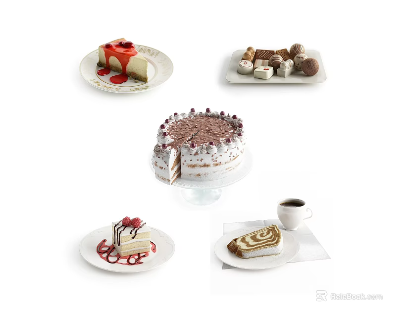 Assorted Delicious Desserts Including Strawberry Cheesecake Layered Cake Cinnamon Roll and Coffee 3d model 