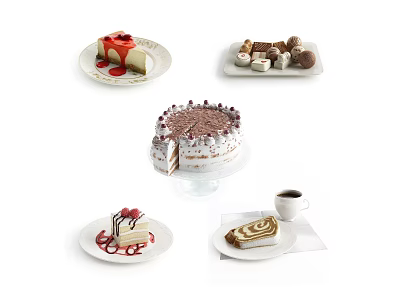 Assorted Delicious Desserts Including Strawberry Cheesecake Layered Cake Cinnamon Roll and Coffee 3d model