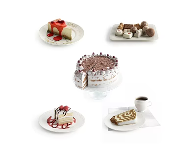 Assorted Delicious Desserts Including Strawberry Cheesecake Layered Cake Cinnamon Roll and Coffee 3d model