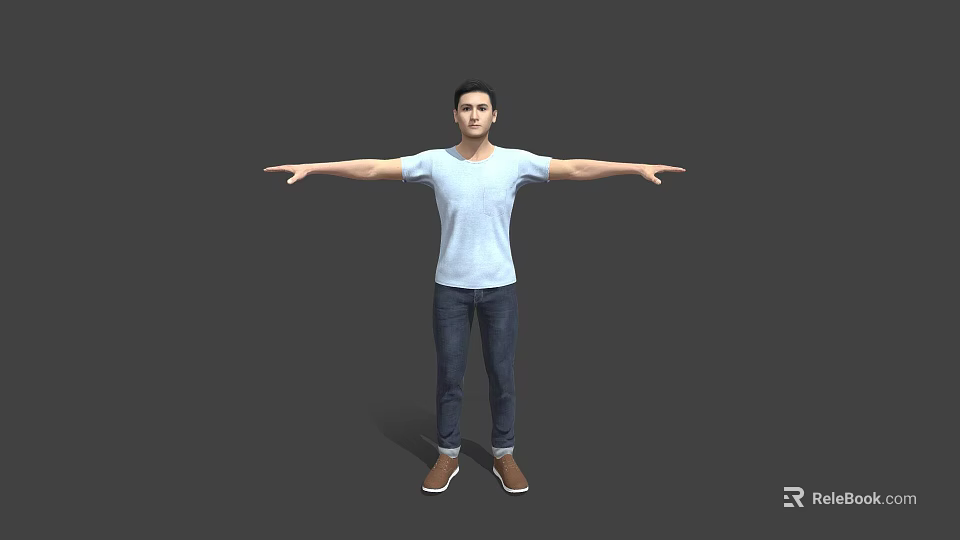 Man In Light Blue T-shirt And Blue Jeans With Arms Outstretched Against Gray Background 3d model 