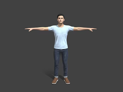 Man In Light Blue T-shirt And Blue Jeans With Arms Outstretched Against Gray Background 3d model