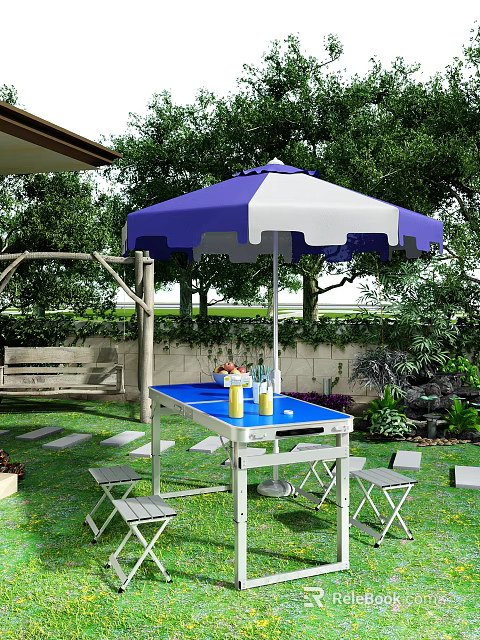 Outdoor Table With Blue and White Umbrella and Matching Chairs in Garden Setting 3d model 