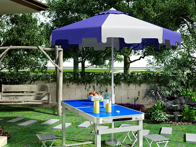 Outdoor Table With Blue and White Umbrella and Matching Chairs in Garden Setting 3d model