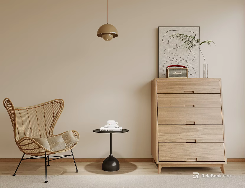 Modern Wooden Dresser Interior With Wicker Chair Small Round Table Wall Art and Pendant Light 3d model 