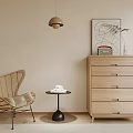 Modern Wooden Dresser Interior With Wicker Chair Small Round Table Wall Art and Pendant Light