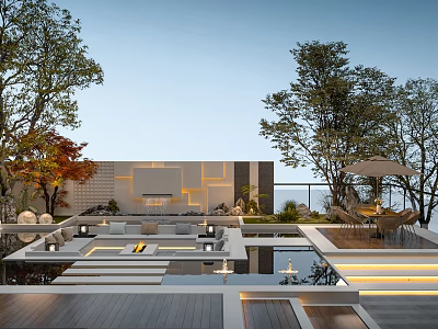 Elegant Modern Courtyard Terrace With Pool Trees Outdoor Furniture And Lighting 3d model