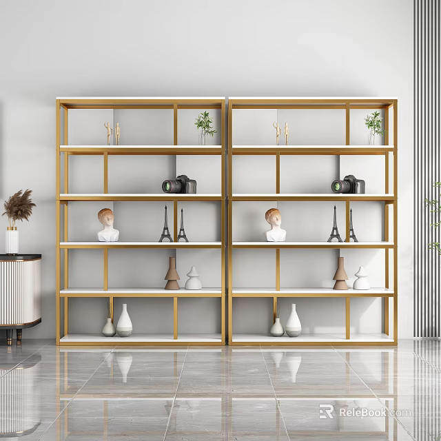 Gold Frame Display Shelving Unit with Multiple Tiers Decorative Items Green Plants and Ornaments 3d model 