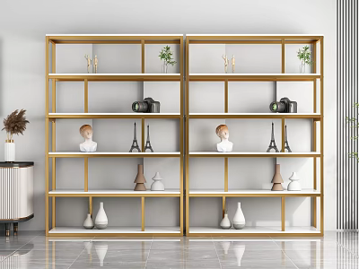 Gold Frame Display Shelving Unit with Multiple Tiers Decorative Items Green Plants and Ornaments 3d model