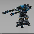Twin Barrel Mechanical Weapon Design with Blue Black Yellow Accents Orange Base and Reflective Finish
